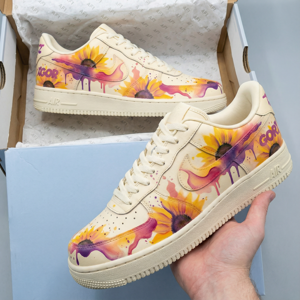 Custom AF 1s Shoes Cream Sunflower Pattern-oicustom