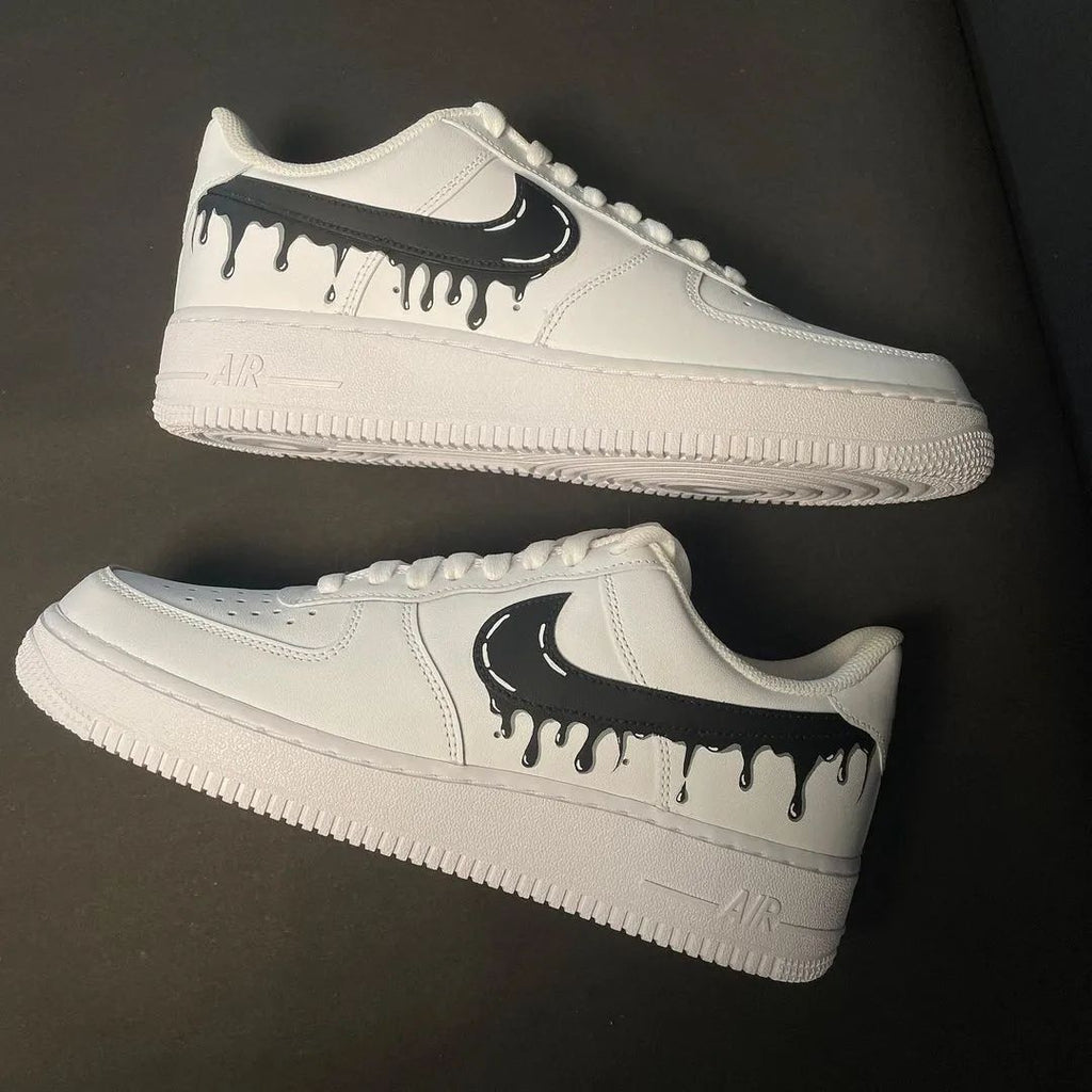 Custom AF 1s Shoes Deep Black Base with Dripping Texture-oicustom