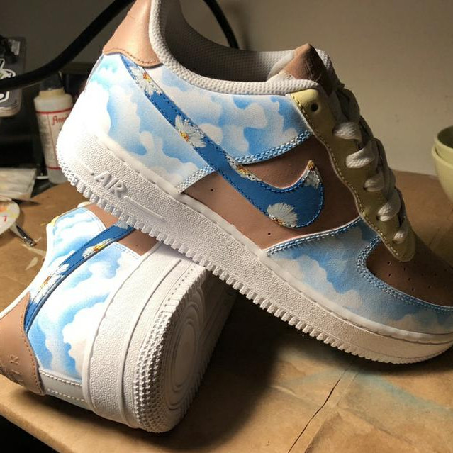 Custom AF 1s Shoes Dreamy Blue Daisy Clouds Design-oicustom