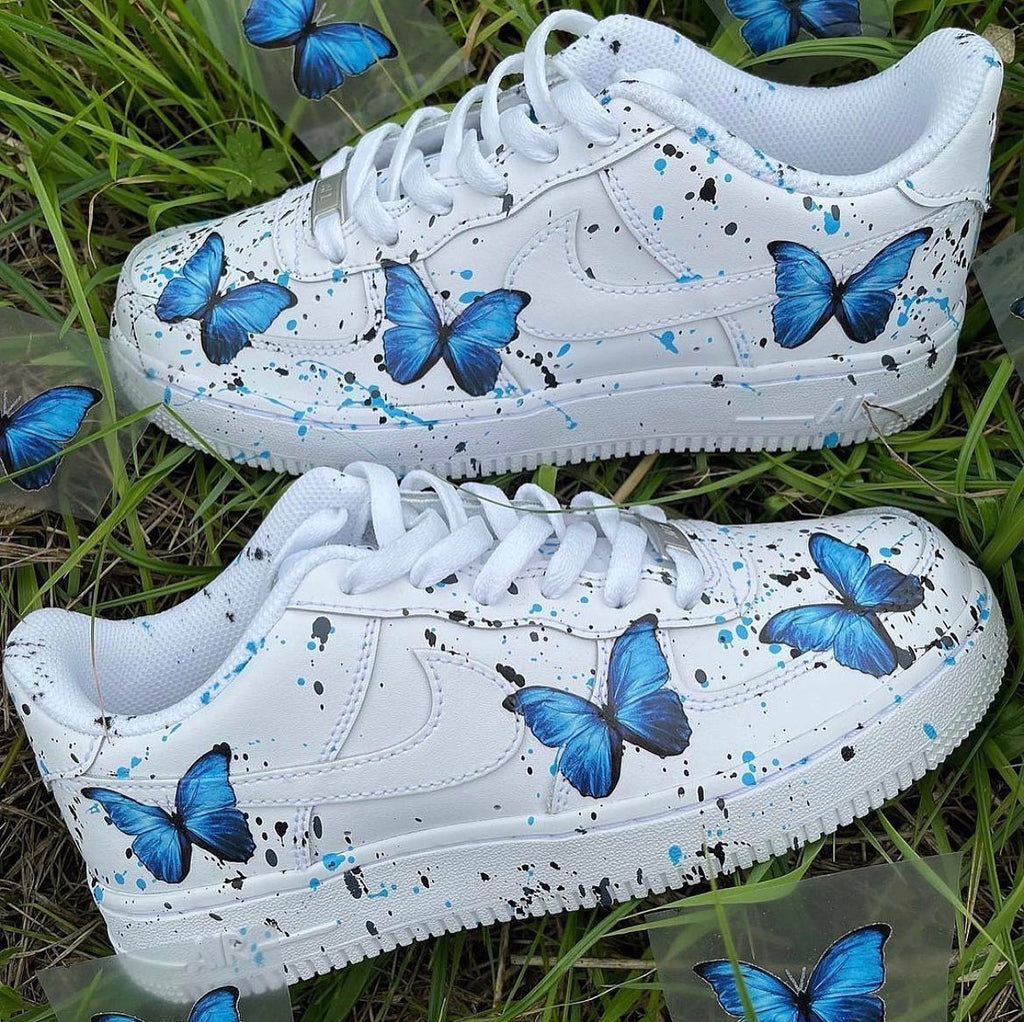 Custom AF 1s Shoes Elegant Blue Butterflies with Black Ink Splashes Design-oicustom