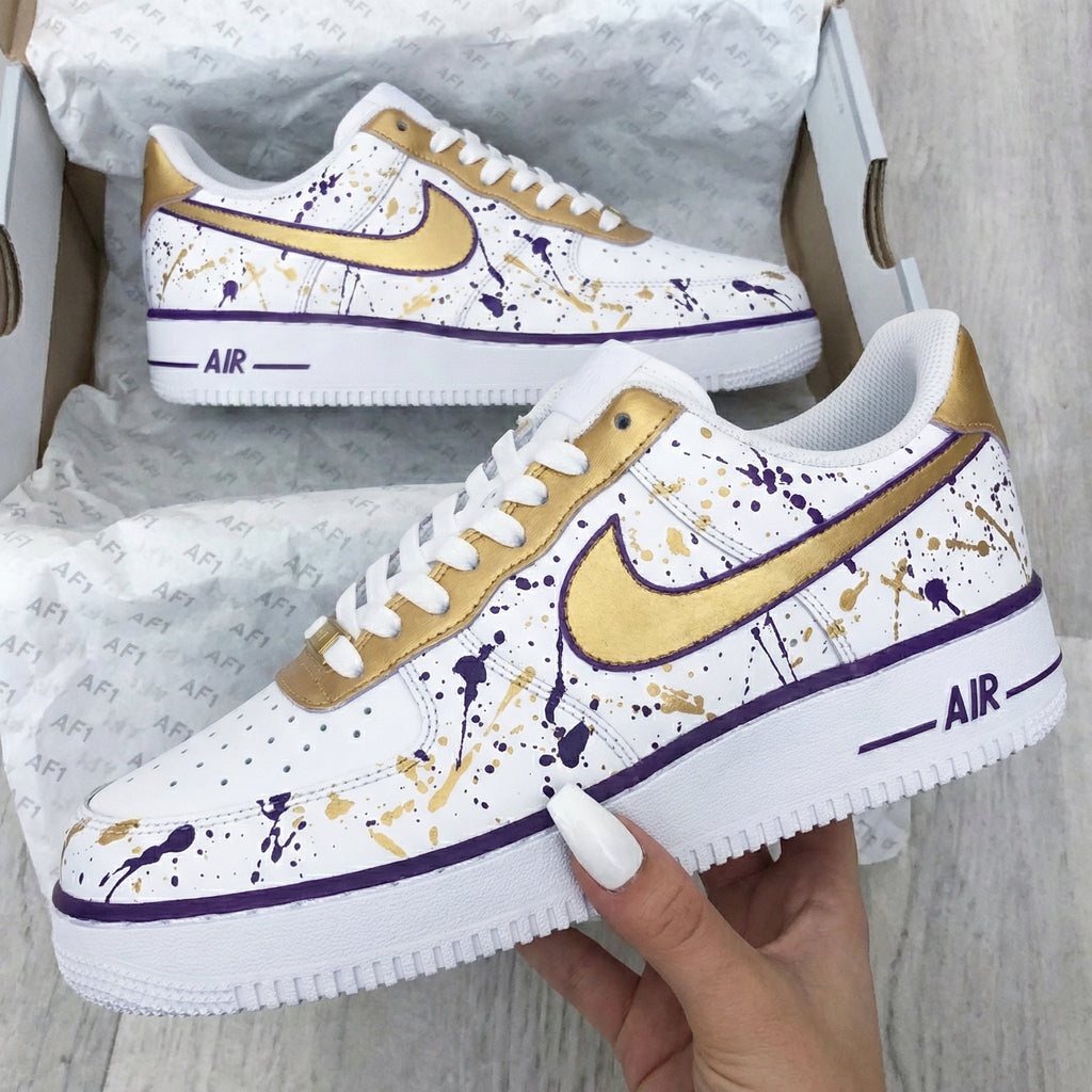 Custom AF 1s Shoes Gold Purple Splatter Paint-oicustom