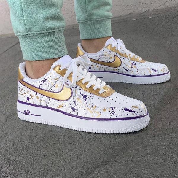 Custom AF 1s Shoes Gold Purple Splatter Paint-oicustom