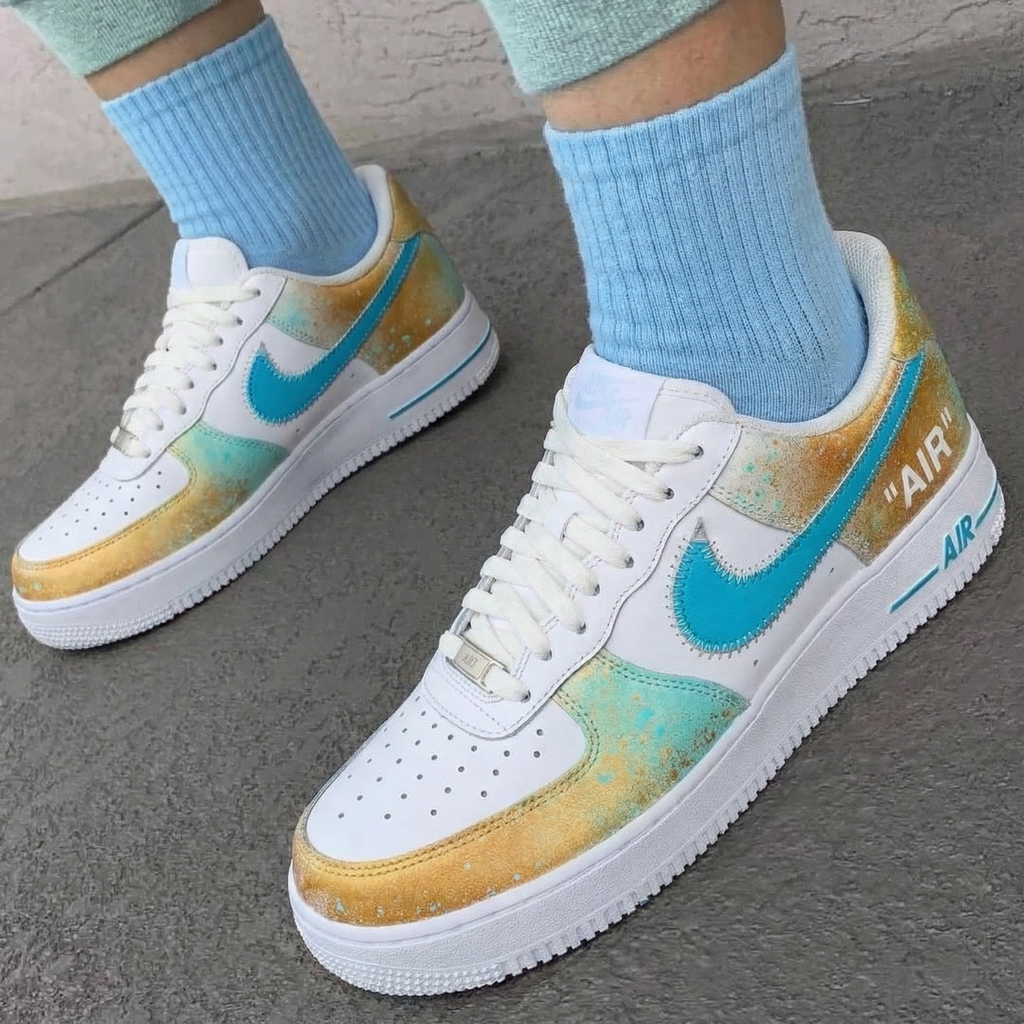 Custom AF 1s Shoes Gold Teal Design-oicustom