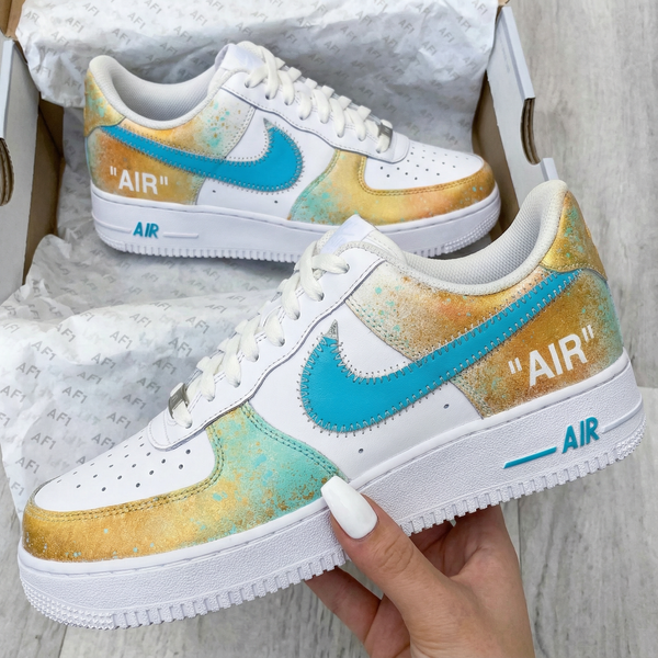 Custom AF 1s Shoes Gold Teal Design-oicustom
