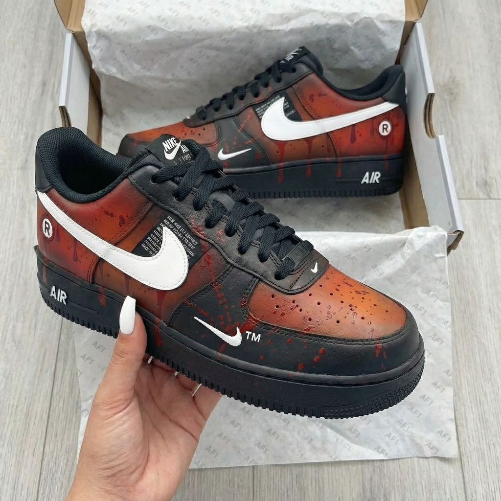 Custom AF 1s Shoes Gothic Black Orange Blood Splatter Design-oicustom