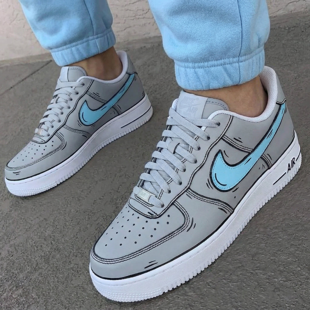 Custom AF 1s Shoes Gray Baby Blue Cartoon Line Art Design-oicustom