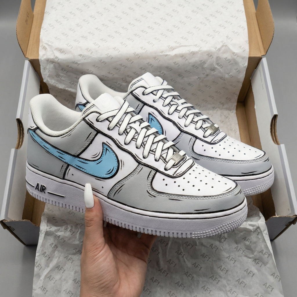 Custom AF 1s Shoes Gray Baby Blue Cartoon Pattern-oicustom