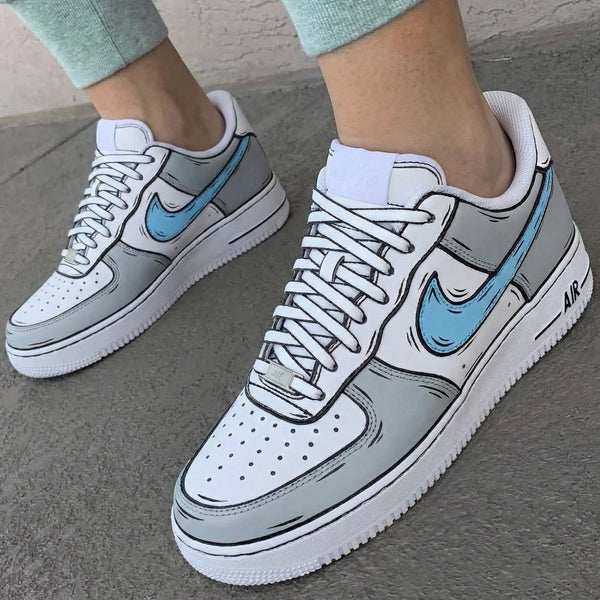 Custom AF 1s Shoes Gray Baby Blue Cartoon Pattern-oicustom