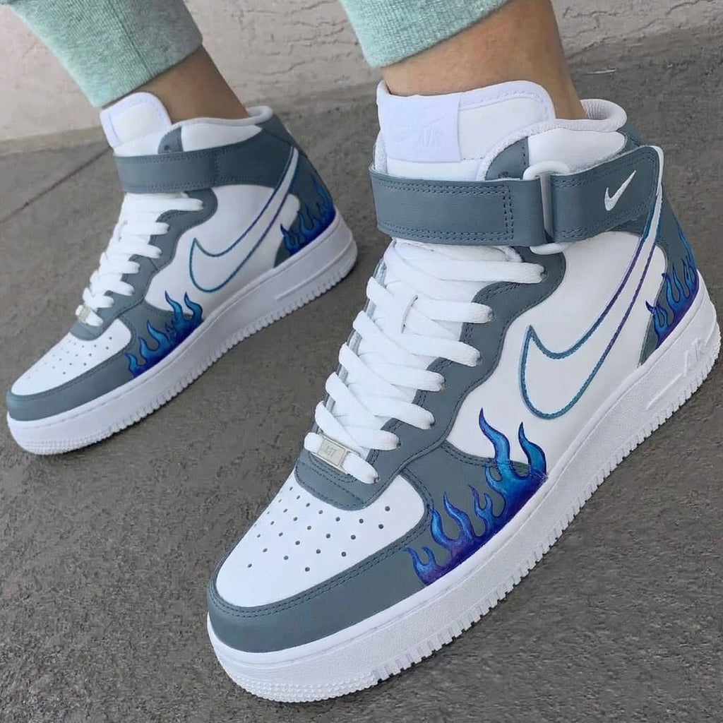 Custom AF 1s Shoes Gray Blue Flame Design-oicustom