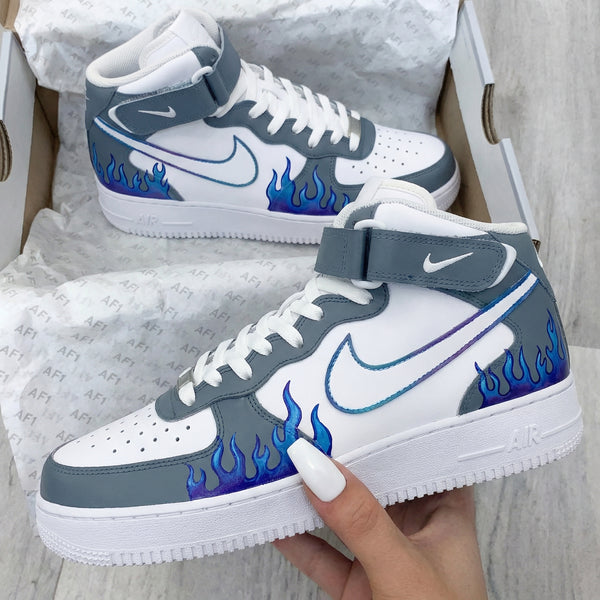 Custom AF 1s Shoes Gray Blue Flame Design-oicustom