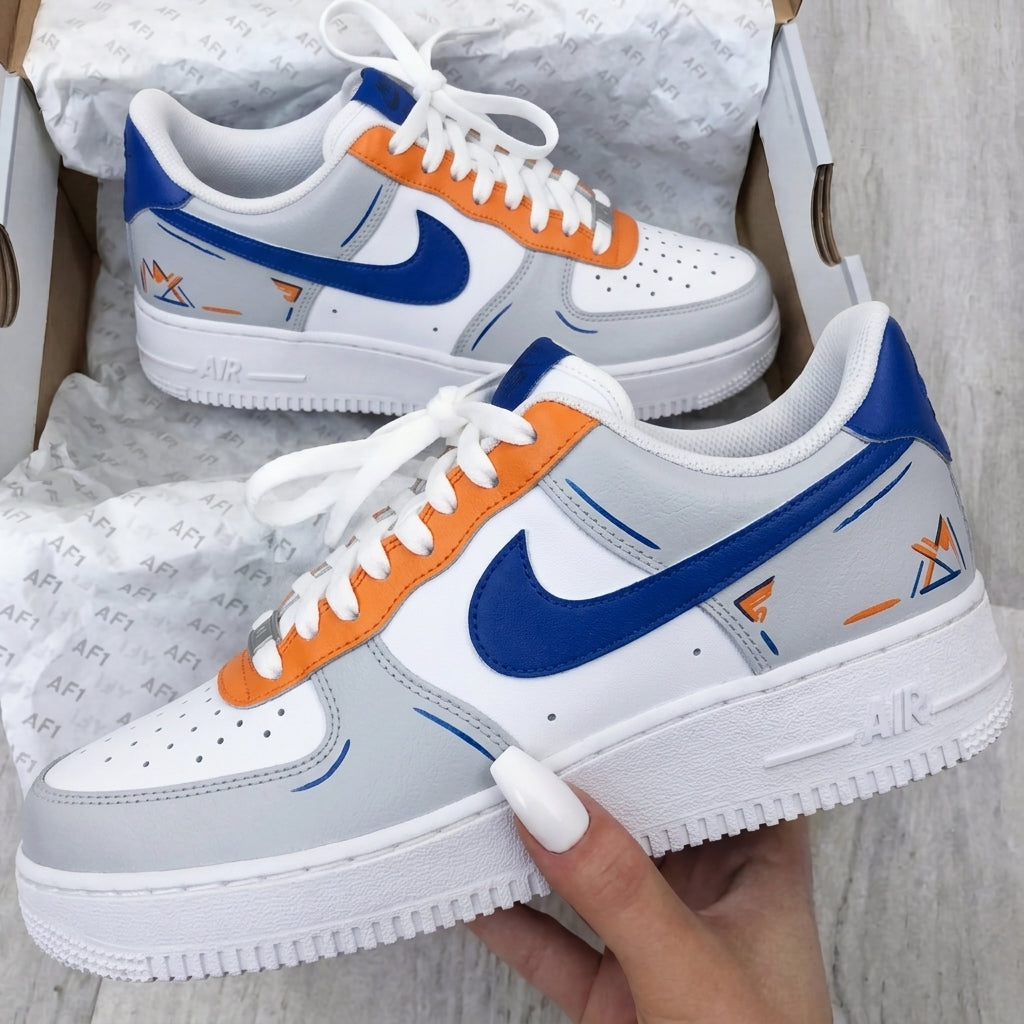 Custom AF 1s Shoes Gray Blue Orange Abstract Patterns-oicustom