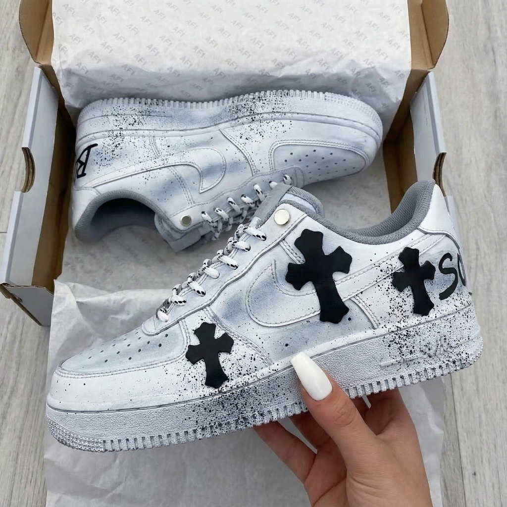 Custom AF 1s Shoes Gray with Black Cross Design-oicustom