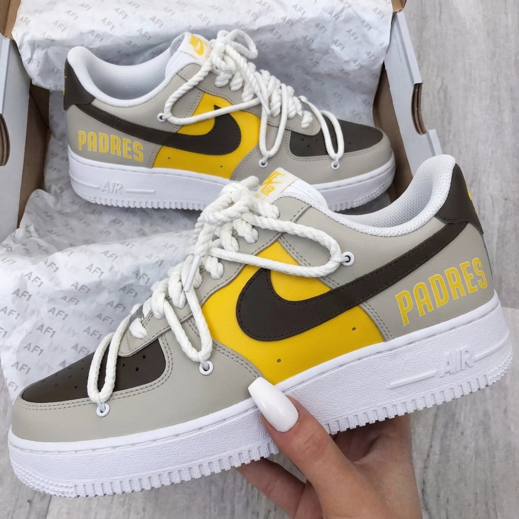 Custom AF 1s Shoes Gray Yellow Brown Padres Lettering-oicustom