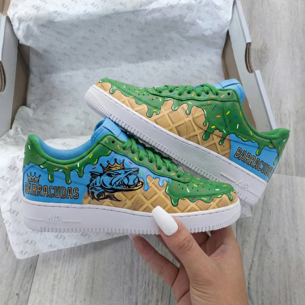 Custom AF 1s Shoes Green Baby Blue Ice Cream Drip Waffle Crowned Barracuda Graphic-oicustom