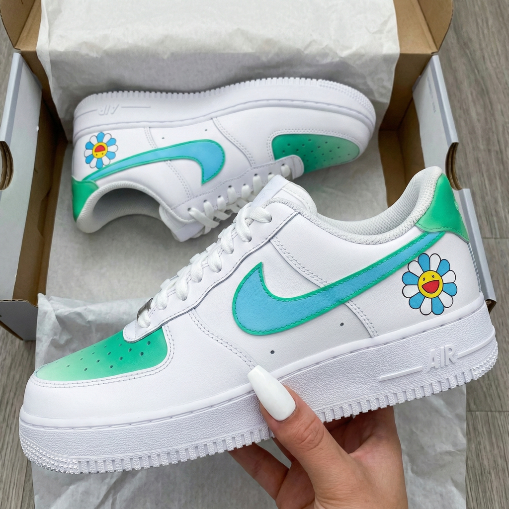 Custom AF 1s Shoes Green Baby Blue Sunflowers-oicustom