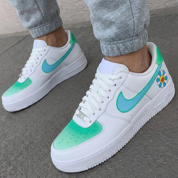 Custom AF 1s Shoes Green Baby Blue Sunflowers-oicustom