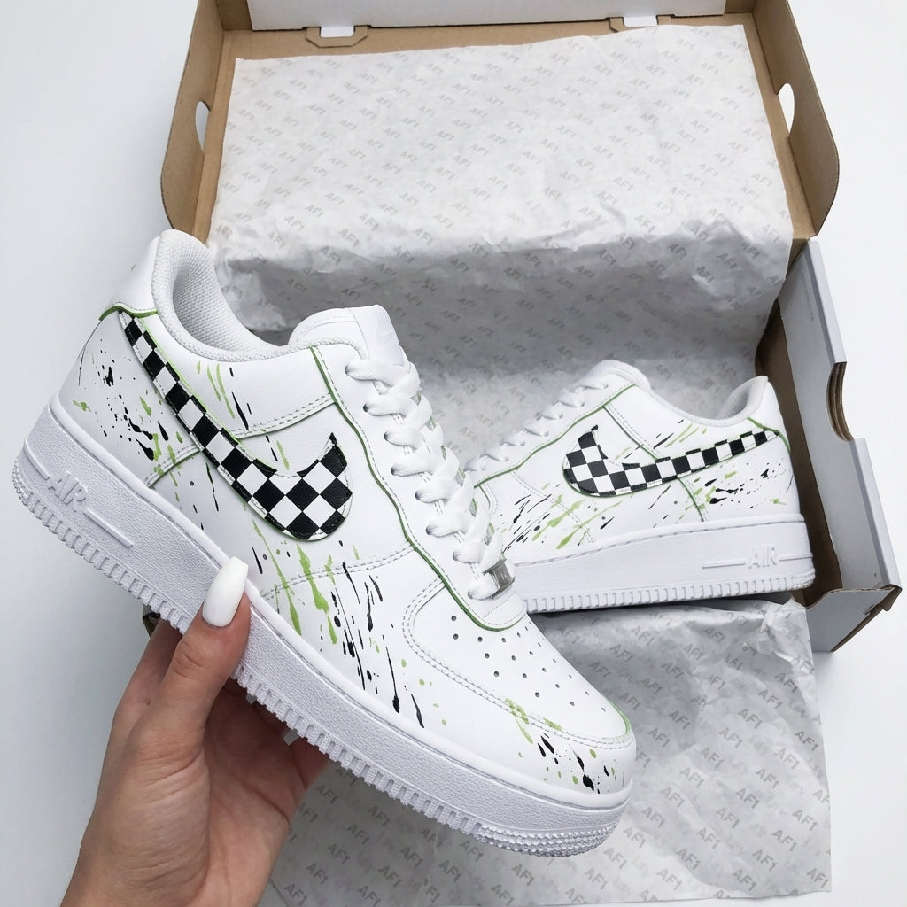 Custom AF 1s Shoes Green Black Checkerboard Swoosh Splash-oicustom