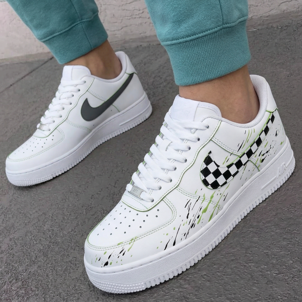 Custom AF 1s Shoes Green Black Checkerboard Swoosh Splash-oicustom
