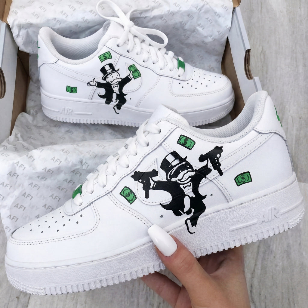 Custom AF 1s Shoes Green Black Monopoly Man Guns Money Print-oicustom