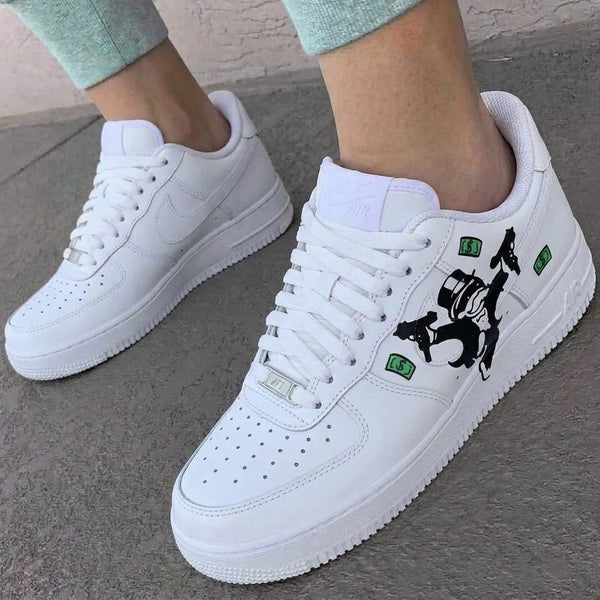 Custom AF 1s Shoes Green Black Monopoly Man Guns Money Print-oicustom