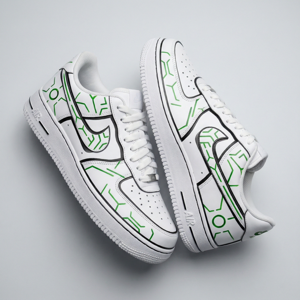 Custom AF 1s Shoes Green Black Tech Circuit Pattern-oicustom
