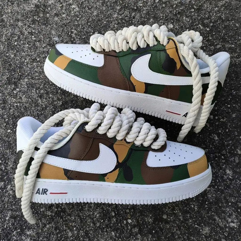 Custom AF 1s Shoes Green Brown Camouflage with Chunky Ropes-oicustom