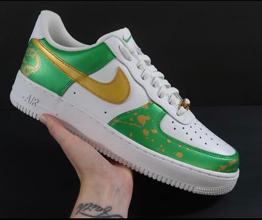 Custom AF 1s Shoes Green Gold Dragon Design-oicustom