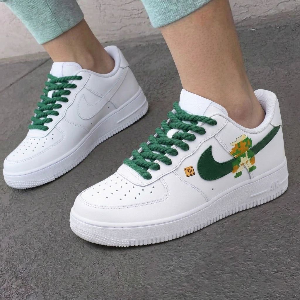 Custom AF 1s Shoes Green Laces Pixel Super Mario Question-oicustom