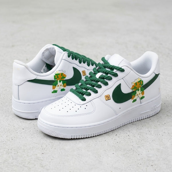 Custom AF 1s Shoes Green Laces Pixel Super Mario Question-oicustom