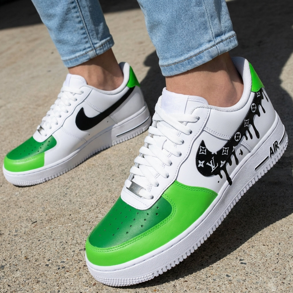 Custom AF 1s Shoes Green LV Logo Drip Design-oicustom