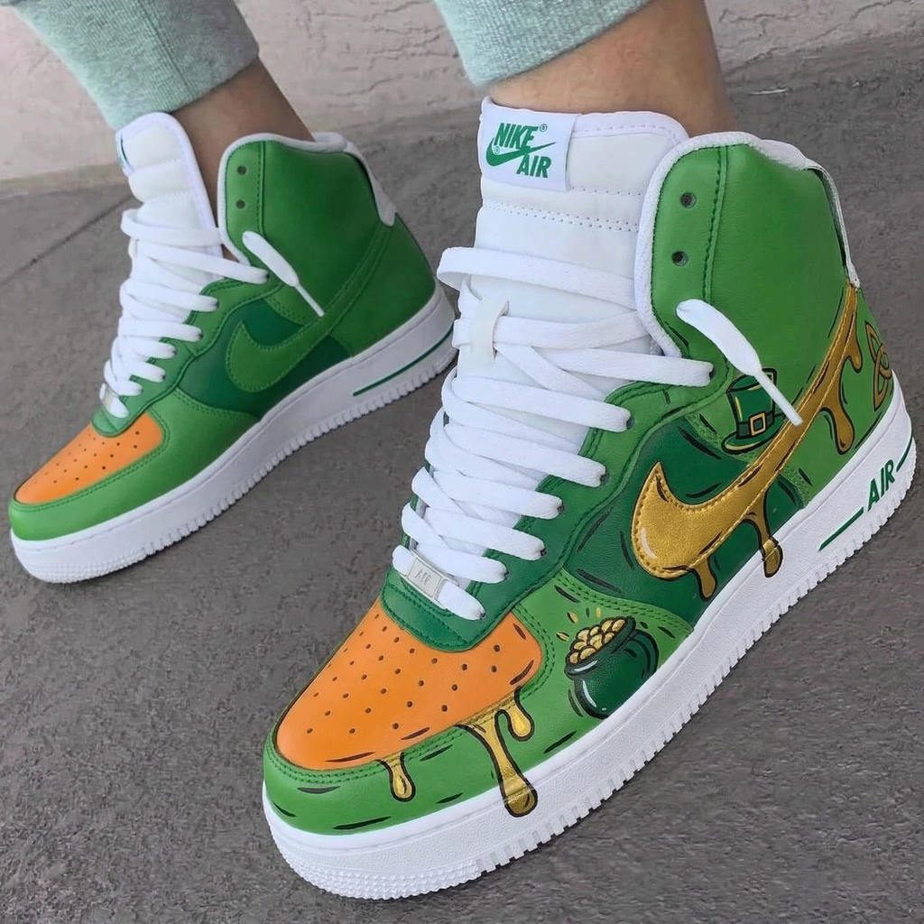 Custom AF 1s Shoes Green Orange Gold Dripping Gold Pot Of Gold Leprechaun Hat-oicustom