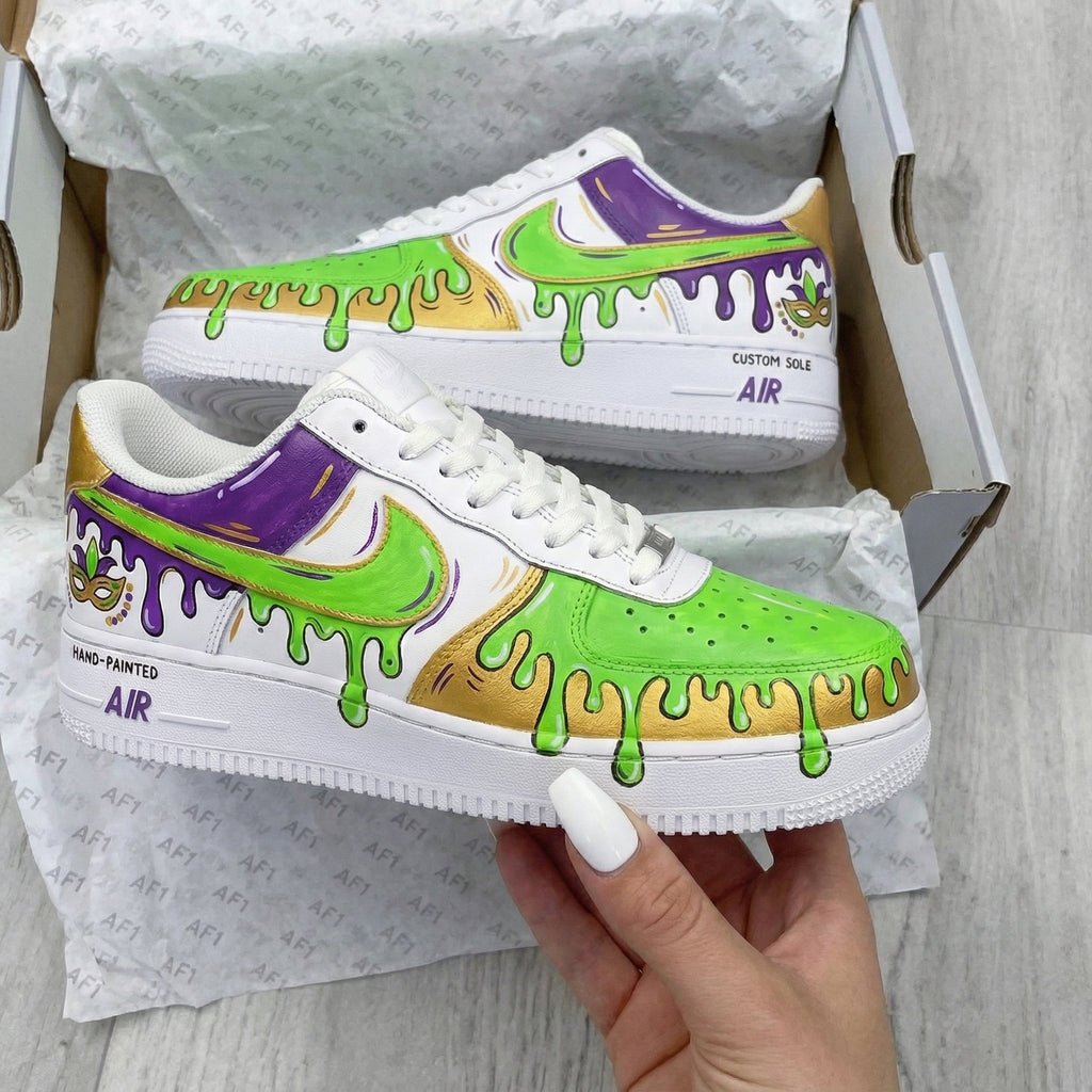Custom AF 1s Shoes Green Purple Gold Mardi Gras Pattern-oicustom