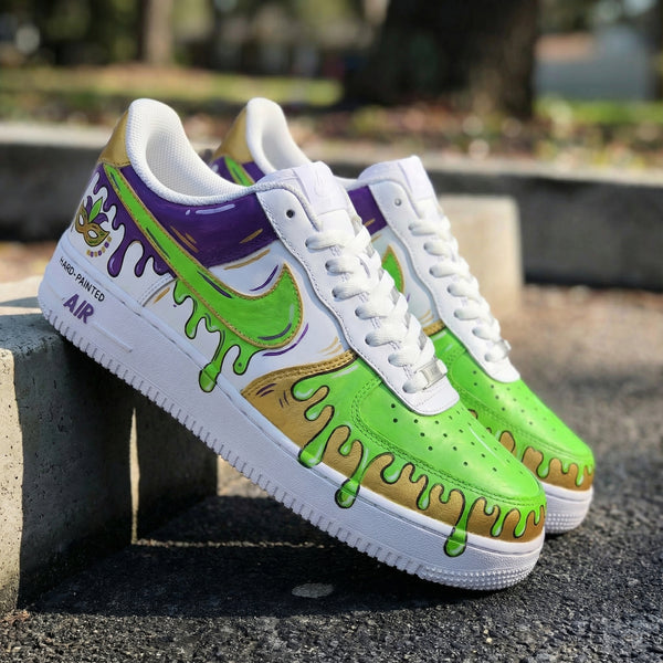 Custom AF 1s Shoes Green Purple Gold Mardi Gras Pattern-oicustom