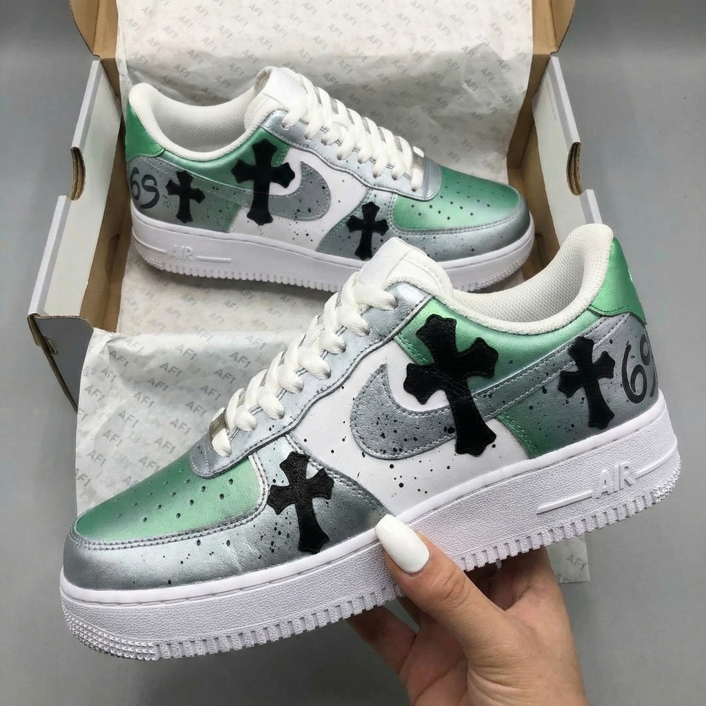 Custom AF 1s Shoes Green Silver Black Crosses-oicustom