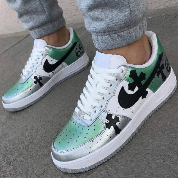 Custom AF 1s Shoes Green Silver Black Crosses-oicustom
