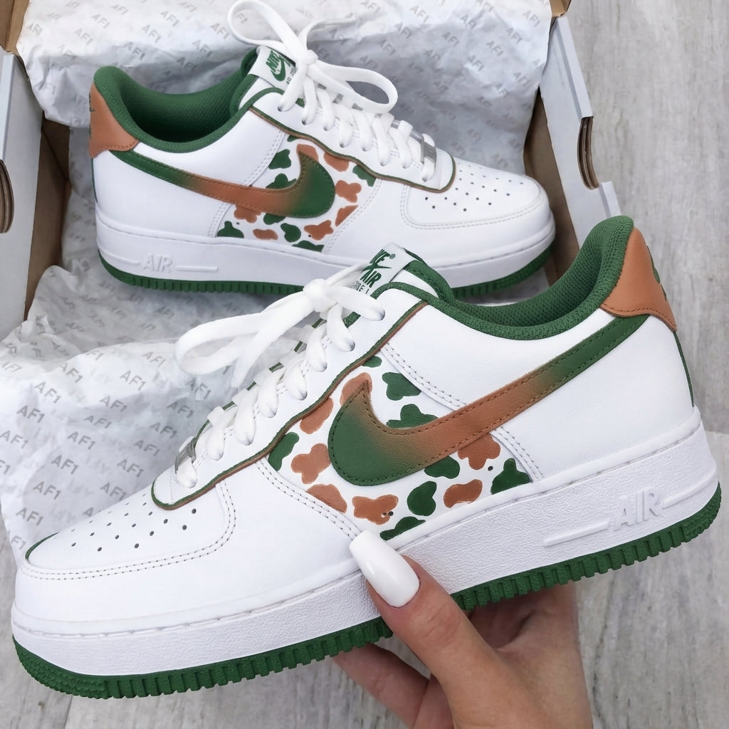 Custom AF 1s Shoes Green Tan Cow Print-oicustom
