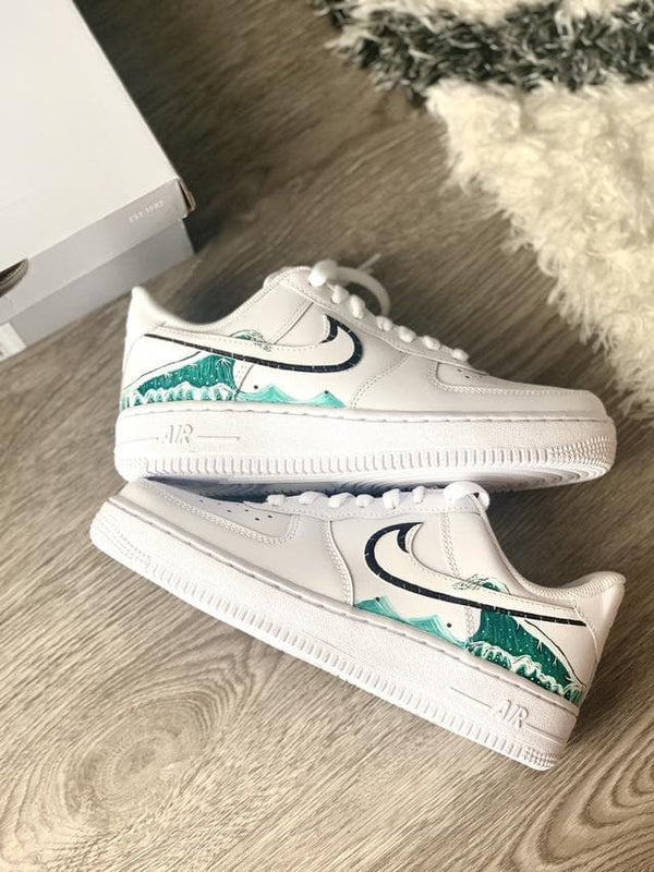 Custom AF 1s Shoes Green Teal Wave Pattern-oicustom