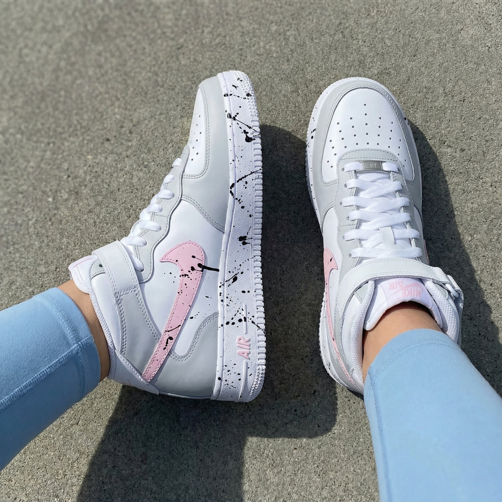 Custom AF 1s Shoes Grey Baby Pink Splatter Design-oicustom