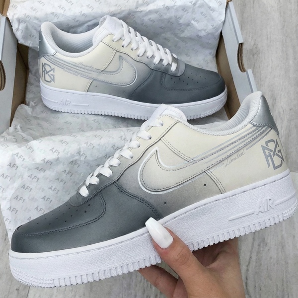 Custom AF 1s Shoes Grey Beige Logo Design-oicustom