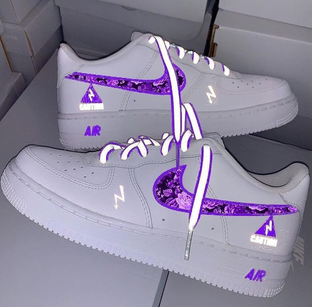 Custom AF 1s Shoes Grey Purple Floral Pattern-oicustom