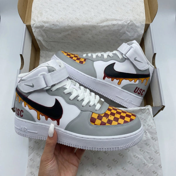 Custom AF 1s Shoes Grey Yellow Checkerboard Design USC-oicustom