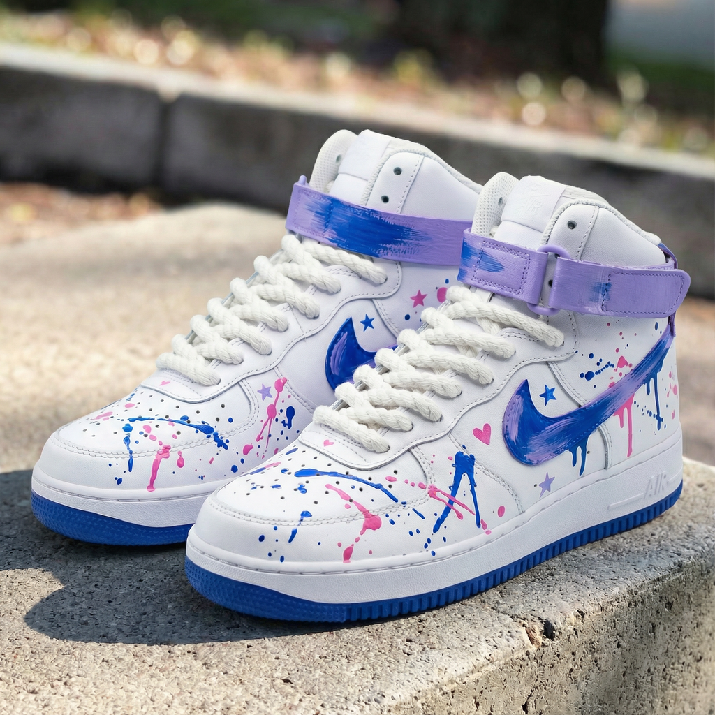 Custom AF 1s Shoes Healing Pastel Purple Blue Star Heart Splatter Design-oicustom