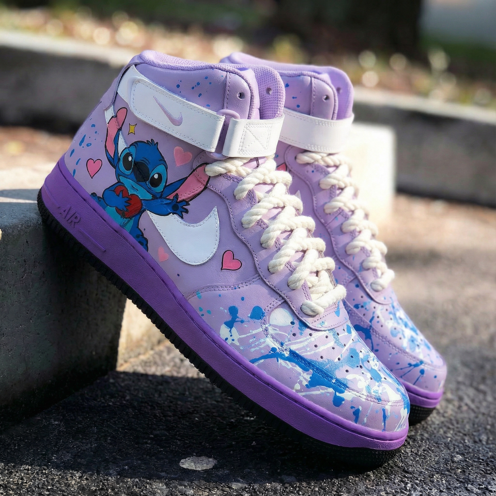 Custom AF 1s Shoes Lavender Stitch and Hearts Design-oicustom
