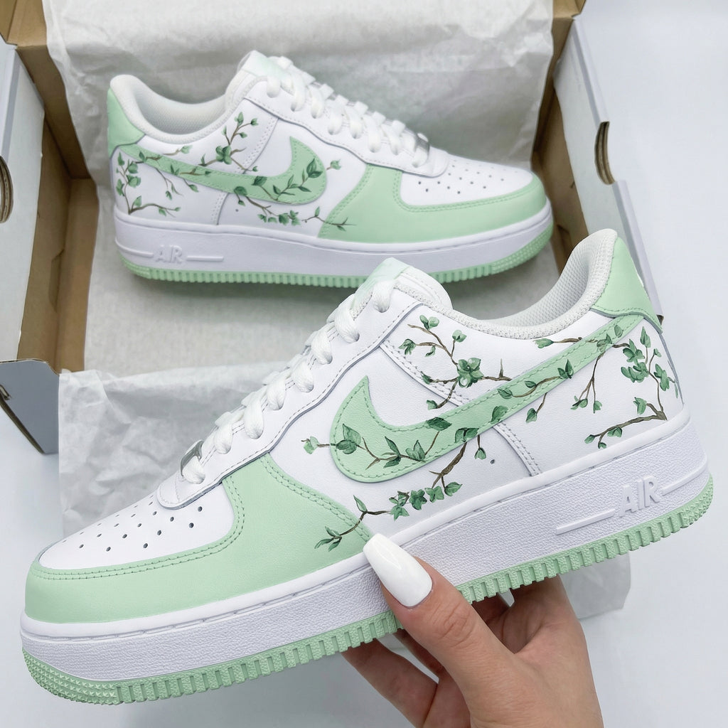 Custom AF 1s Shoes Light Green Plant Branch Leaf Pattern-oicustom