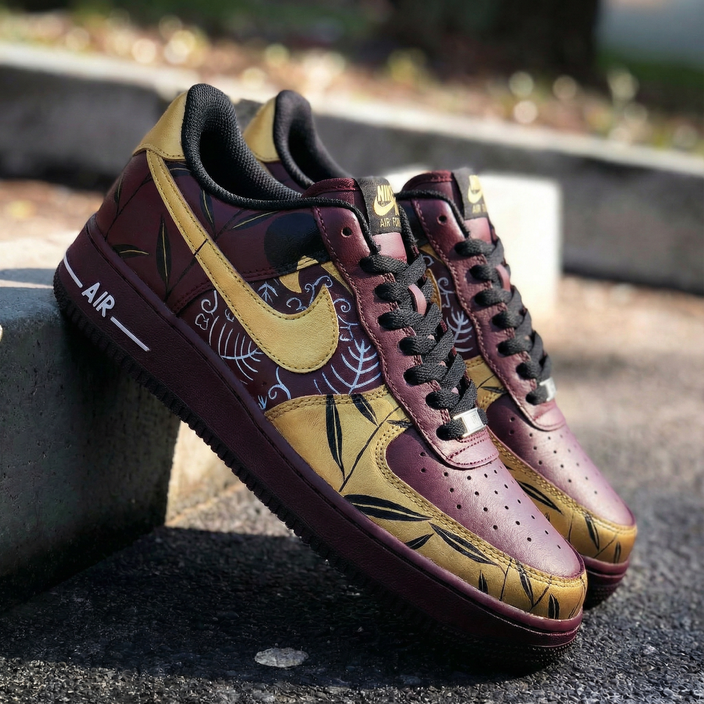 Custom AF 1s Shoes Maroon Gold Leaf Pattern-oicustom