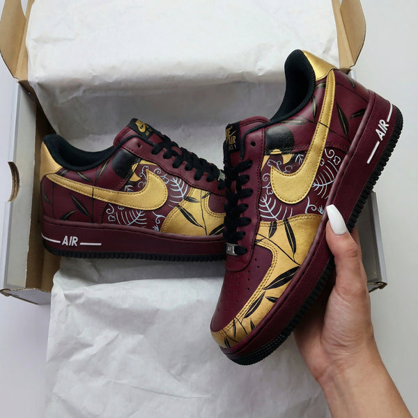 Custom AF 1s Shoes Maroon Gold Leaf Pattern-oicustom