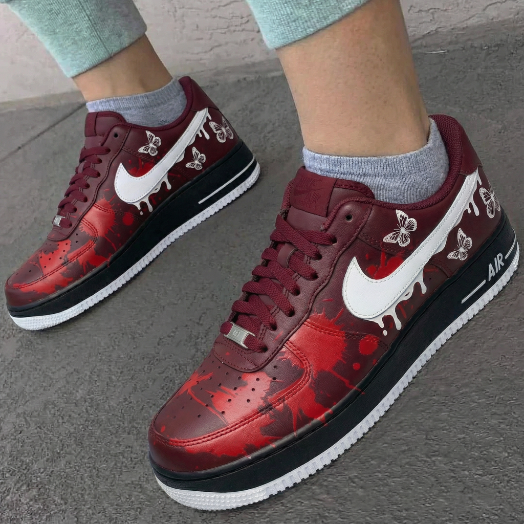 Custom AF 1s Shoes Maroon Red Butterfly Design-oicustom