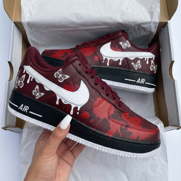 Custom AF 1s Shoes Maroon Red Butterfly Design-oicustom