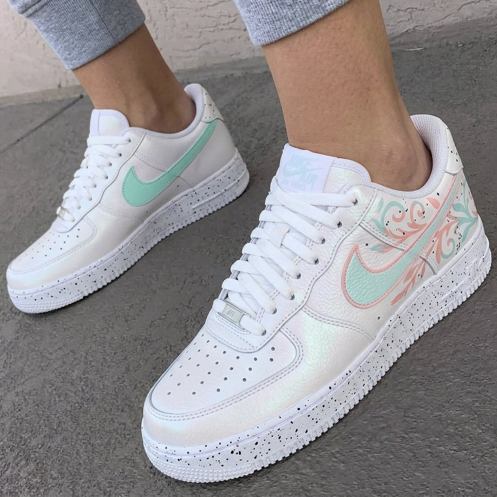 Custom AF 1s Shoes Mint Green Baby Pink Floral Scrolls Speckled-oicustom