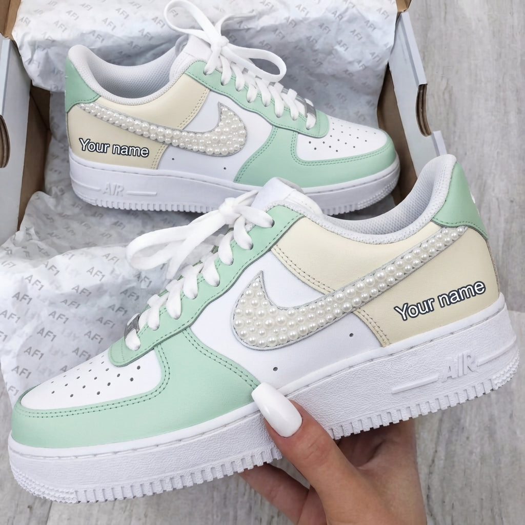 Custom AF 1s Shoes Mint Green Cream Pearl Custom Name-oicustom